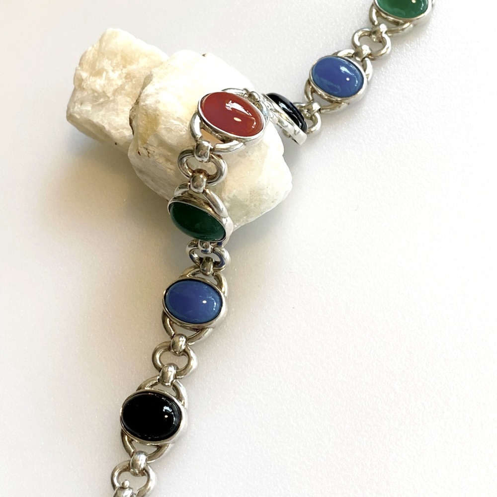 VTG-Sterling Silver 925 Multi Color Onyx, Carnelian & Chalcedony Link Bracelet - Picture 7 of 14